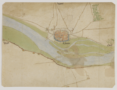 206058 Kaart van de stad Rhenen, met de rivier de Rijn en de directe omgeving.